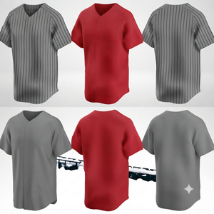 Premium Quality Baseball Jersey Stitched Team Uniform Personalized Athletic Wear Red Grey Pinstripe Men's V-neck 100% Cotton - Product Image 2