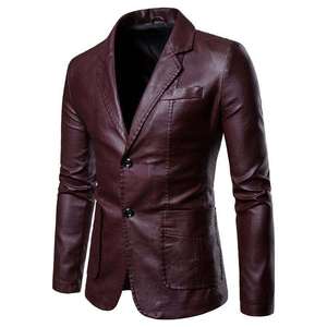 Chaqueta de Cuero PU Marrón para Hombre, Corte Entallado, Cuello Camisero, Cierre de un Solo Botón, Estilo Casual Elegante - Product Image 2