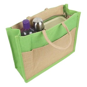 Custom Green Natural Jute <b>Tote</b> <b>Bag</b> <b>with</b> Beige Rope Handles Two-Tone Eco-Friendly Shopping <b>Bag</b> Top <b>Zip</b> Closure Groceries Gift <b>Bag</b> - Product Image 2