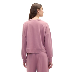 Sweat-shirt à col rond surdimensionné pour femmes, taille plus, épaules tombantes, couleur unie sur le devant, en coton et bambou tricoté, respirant, automne-hiver - Product Image 3