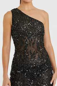 Vestido de Fiesta Formal Negro de Satén con Lentejuelas, Diseño Asimétrico, de un Solo Hombro, Ajustado al Cuerpo, Largo a Media Pantorrilla - Product Image 6
