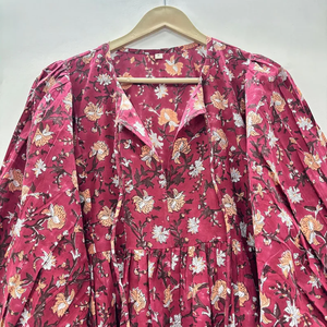 Vestido Mini de Algodón Ecológico con Estampado Floral Hecho a Mano, Cuello en V, Manga 3/4, Dobladillo con Volantes de Encaje, Lavable, Estilo Chinoiserie - Product Image 2