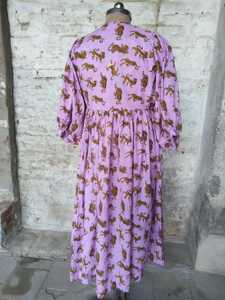Animal Handblock Cotton Knee Length Dress O Neck <b>Three</b> Quarter Puff Sleeves Loose Fit Women's Daily Wear Embroidery Pocket - Product Image 5