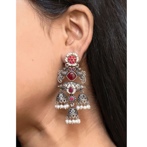 Traditional Indian Oxidized Silver Tone Red Stone Jhumka <b>Earrings</b> with Pearl Beads – Ethnic Dangle Jewelry - Product Image 4