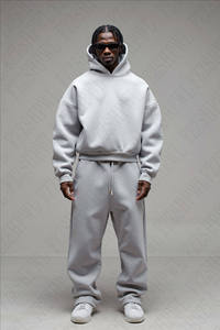 Survêtement gris à capuche pour homme, manches longues, décontracté, 100 % coton biologique, léger, coupe-vent, couleur unie, poches latérales, élastique - Product Image 3