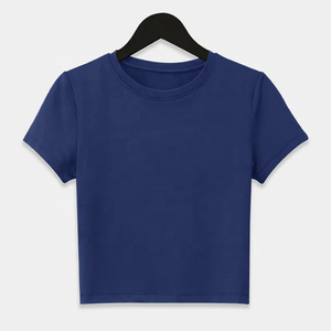 T-shirt court à col rond noir uni pour femme, manches courtes, tricoté, décontracté, coupe classique, toutes saisons, idéal pour la gym - Product Image 4