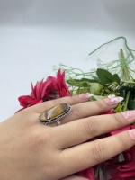Bague ajustable en laiton plaqué argent 925 avec grande pierre naturelle Œil de tigre, faite à la main, style vintage, tendance