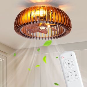 20-Inch Caged Ceiling Fan <b>Light</b> with Wood Flush Mount 7 Blades 4 E26 <b>Sockets</b> 6 Speeds Reversible DC Motor - Product Image 1