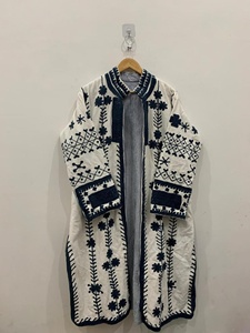 Long Velvet Suzani Blouson <b>Jacket</b> Embroidered Floral Design Flock Print Breathable Cotton Filling Winter Elegant Boho Festival - Product Image 1