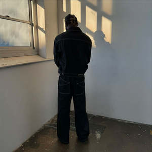 Clothing Custom Outfits Embroidered Contrast Stitch Denim Jeans Jacket Sets Oversized Heavyweight Denim <b>Pants</b> Sets for Men - Product Image 3