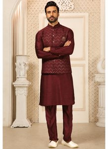 Mens Roman Silk Kurta <b>Pant</b> Ensemble With <b>Sequin</b> Embroidered Waistcoat Jacket For Wedding Festive And Traditional Occasions - Product Image 2