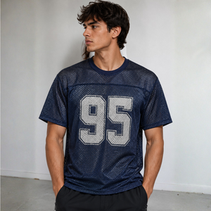 Oversized <b>Mesh</b> Jersey <b>Top</b> Navy Crew Neck Streetwear Number Jersey Boxy Fit Custom Wholesale - Product Image 1