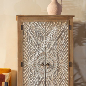 Luxury Handcrafted Solid Wood 2 Door <b>Wardrobe</b> Ornate Leaf Mandala Carving Natural Finish Armoire - Product Image 5