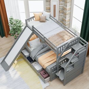 Letto a Castello Multifunzione Grigio con Cassetti Portaoggetti e Scivolo per Bambini - Product Image 3