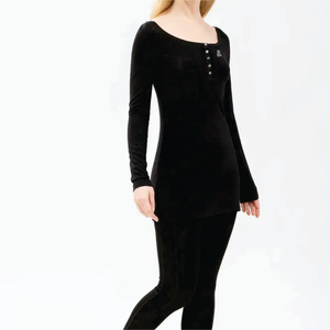 T-shirt Henley noir à col rond et manches longues pour femme, boutons, coupe classique, tricoté, couleur unie, respirant, avec logo, 100 % coton, idéal pour l'été - Product Image 4