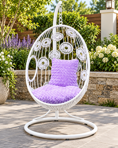 <b>White</b> PE Rattan Hanging <b>Egg</b> <b>Chair</b> with Purple Cushion Outdoor Patio Swing Contemporary Design for 1 Person - Product Image 5