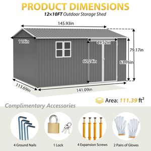 Caseta de Almacenamiento Metálica Grande para Exteriores de 12x10 Pies con Puertas con Cerradura, Caseta de Acero Impermeable para Herramientas de Jardín, Resistente a la Intemperie - Product Image 2