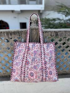 Indian Cotton Floral <b>Print</b> Tote Bag Quilted Open Closure Beach Travel Weekend Outings Handbag - Product Image 3