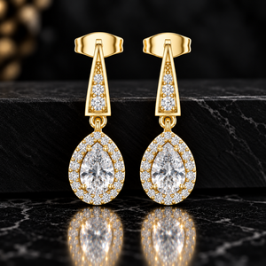 Boucles d'oreilles pendantes en or massif 14K 18K avec diamant de laboratoire taille poire et halo, DEF VVS, bijoux fins classiques pour mariée et mariage, vente en gros - Product Image 1