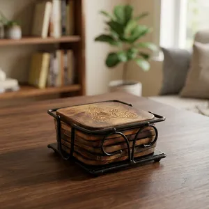 <b>Walnut</b> Wood Coasters Set of 4 Square Wooden Drink Coasters with Metal Holder Handmade <b>Table</b> Decor Wooden Coaster For Tea <b>Coffee</b> - Product Image 2