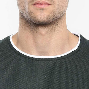 Men's Dark Green O-Neck Short Sleeve T-<b>Shirt</b> Slim Fit Knitted Cotton Casual Solid Color Contrast Trim Regular Length - Product Image 4