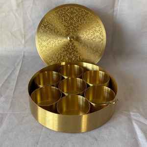 Traditional <b>Herb</b> & Spice Storage Organizer Kitchen Use Golden Metal Masala Dabba Spice <b>Box</b> with Mandala Lid Seven Containers - Product Image 2