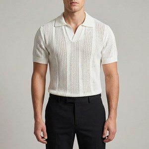 Polo de Manga Corta de Punto Blanco para Hombre, Color Sólido, Transpirable, Corte Casual Elegante - Product Image 3