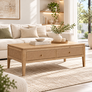 Scandinavian Oak Wood Coffee <b>Table</b> <b>With</b> 2 Woven Front <b>Drawers</b> For Modern Living Room Furniture OEM Service - Product Image 4