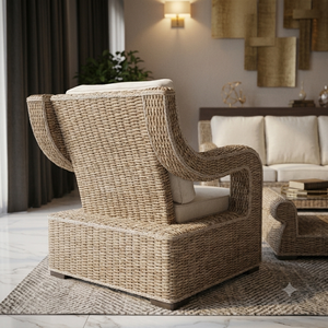 Modern Luxury Natural Wicker Rattan <b>Dining</b> Chair Handwoven Accent <b>Armchair</b> Soft Cushion UV-Resistant Water Resistant Durable - Product Image 3
