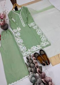 <b>Green</b> <b>Silk</b> Salwar Kameez Set Lace Embroidered Indian Pakistani Women Outfit Wedding Party Dress - Product Image 2