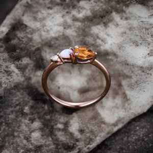 Vintage Yellow Citrine <b>Opal</b> Engagement Ring Art Deco Moissanite Pear Cut 3 Stone Unique Bridal Promise Ring - Product Image 5