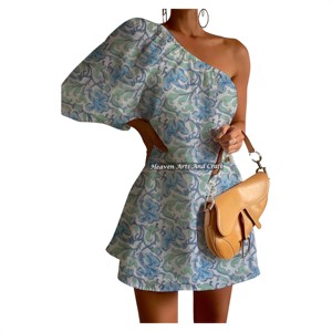 Vestido de Fiesta Sexy para Mujer, de un Solo Hombro, con Manga Abullonada, Volantes y Estampado a Mano en Algodón, Corto - Product Image 4
