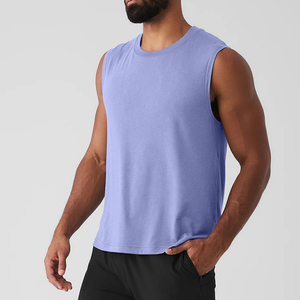 Men's <b>Red</b> Solid Color Mandarin Collar Sleeveless Knitted 100% Cotton Beaded Breathable <b>Tank</b> <b>Top</b> Casual Style - Product Image 2