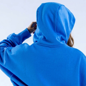 Sweat-shirt à capuche pour femme en molleton 100% coton, couleur bleue, coupe ample, épaules tombantes, sweat-shirt uni pour femme - Product Image 4