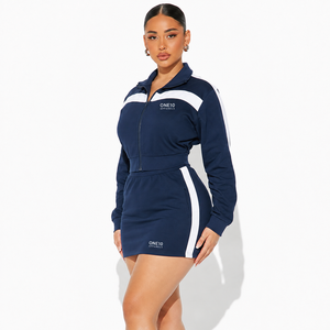 ONE10 APPARELS <b>Women's</b> 2-Piece Sporty Set <b>Navy</b> <b>Blue</b> Knitted Crop Shorts Full Sleeve Strapless High Stretch Breathable Spandex - Product Image 2