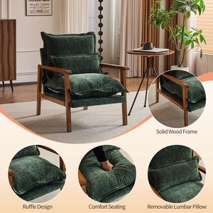Poltrona da Interno a Forma di Nuvola con Struttura in Legno Massello e Braccioli, Rivestimento in Tessuto Chenille, Cuscino Lombare Decorativo - Product Image 2