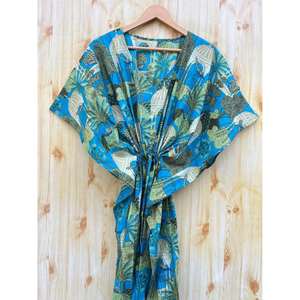Kaftan bleu à motifs floraux, robe de demoiselle d'honneur, tunique en coton à imprimé indien, grande taille, cache-maillot d'été, tenue de nuit de plage, artisanat ethnique - Product Image 3