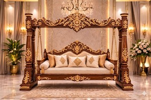 Columpio de Madera de Cuatro Postes Estilo Gran Palacio con Toldo, Hecho a Mano en Rajastán, Estilo Onjhal Maharaja, Jhula de Interior de Calidad Premium - Product Image 6