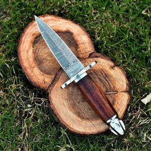 Daga de Damasco Hecha a Mano al por Mayor - Cuchillo de Doble Filo - Hoja Fija de 8.5 Pulgadas para Caza con Mango de Madera y Funda de Cuero - Product Image 3