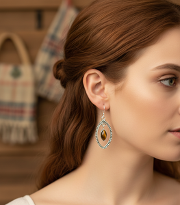 Boucles d'oreilles pendantes faites à la main en argent sterling 925 avec pierre naturelle œil de tigre, cadre ovale perlé, bijoux bohèmes tendance, cadeau pour femme - Product Image 4