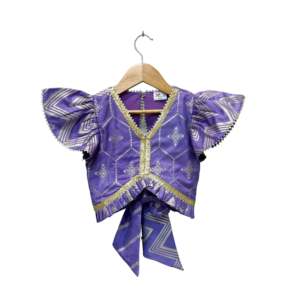Ensemble 3 pièces élégant en lin imprimé pour femme avec haut orné violet et pantalon Dhoti – Tenue ethnique traditionnelle pour fêtes estivales - Product Image 2