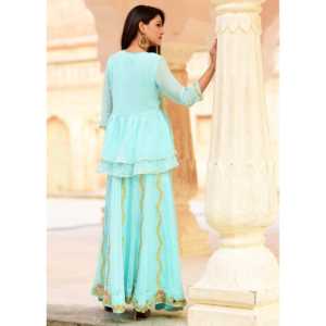 Ensemble Lehenga A-Line Turquoise Fait Main Exclusif Taille XS Taille Empire Imprimé Floral Tissu Organza - Product Image 2