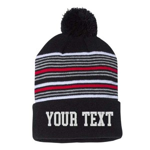 Bonnet d'hiver en tricot personnalisé avec broderie, bleu rayé, pompon, unisexe, pour adulte - Product Image 5