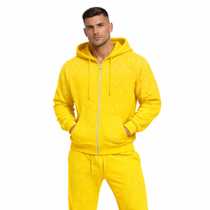 Ensemble de survêtement à capuche pour homme, imprimé pois jaunes, avec fermeture éclair intégrale, sweat-shirt et pantalon décontractés, pour l'automne, orné de strass - Product Image 1