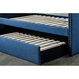 เตียงเดย์เบดหุ้มผ้าสีน้ำเงิน 1 ตัว พร้อมเตียงเสริมแบบดึงออกได้ ตกแต่งด้วยหมุดโลหะ โครงไม้ เฟอร์นิเจอร์เตียงหุ้มผ้า - Product Image 5