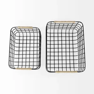 <b>Black</b> Metal Wire Storage Basket with Rope Handles Durable Rectangular Organizer for Home Use - Product Image 2
