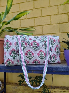 Exclusive Large Block Printed Casual Luxury Cotton Weekender Travel Duffle <b>Bag</b> Handmade Quilted Fabric 20 Inches Hand Luggage - Product Image 4