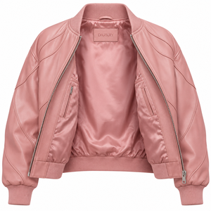Blush Pink Genuine Lambskin <b>Leather</b> Cropped Bomber Jacket Womens Petal Stitched Panel Rib Hem Metal Zip Custom OEM Wholesale - Product Image 5