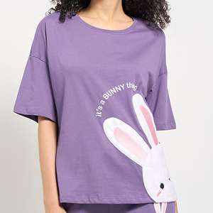 Womens Cotton <b>T</b> <b>Shirt</b> Cute Bunny <b>Rabbit</b> Chenille Patch Drop Shoulder Purple Tee Apparel Manufacturer - Product Image 1