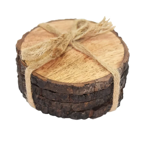 Posavasos de Madera con Grabado Personalizado de Logotipo, Accesorios de Mesa, Diseño de Borde de Corteza de 6 mm de Grosor, Juego de 4 Posavasos - Product Image 1